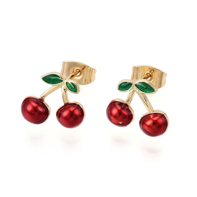 Aros topo topito guinda cereza esmaltada 11.5 mm baño oro / par
