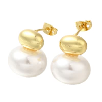 Aros topo topito ovalo y perla 19 mm baño oro / par