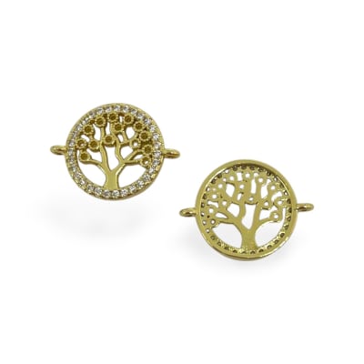 Dije conector árbol de la vida 17x12 mm zircón baño de oro  / unidad