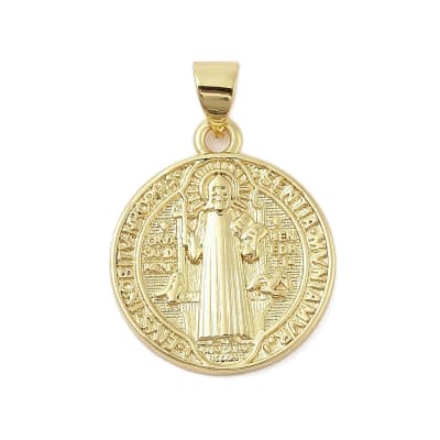 Dije colgante medalla redonda san benito 20 mm baño de oro / unidad