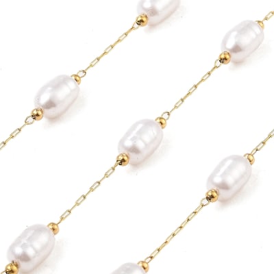 Cadena mini clip con perlas sintéticas acero dorado / metro