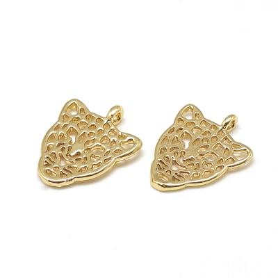 Dije colgante cara leopardo 14.5 mm baño oro / unidad