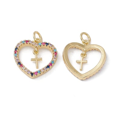 Dije colgante corazón cruz zircón multicolor baño de oro / unidad