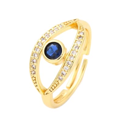 Anillo ajustable ojo turco zircón azul baño oro / unidad