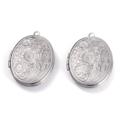 Relicario foto portafoto locket ovalado flores plateado / unidad