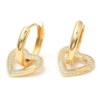 Aros argollas corazón colgante con zircón baño de oro / par