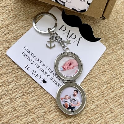 Llavero con relicario dos fotos personalizado para regalo papá / unidad