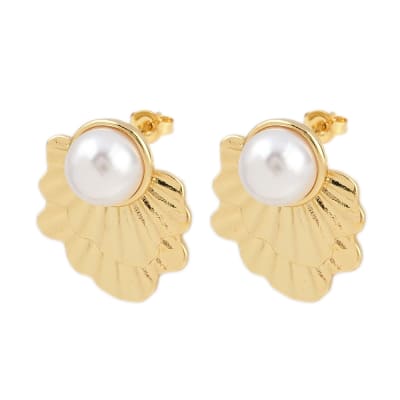 Aros topo topito flor con perla 25 mm baño oro / par