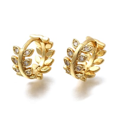 Aros argollas huggie hoja espiga 14 mm baño oro zircón / par