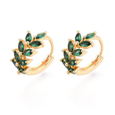 Aros argollas huggie hoja verde 15 mm baño oro zircón / par