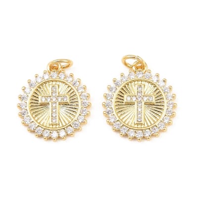 Dije colgante medalla cruz zircón 17.5 mm baño oro / unidad
