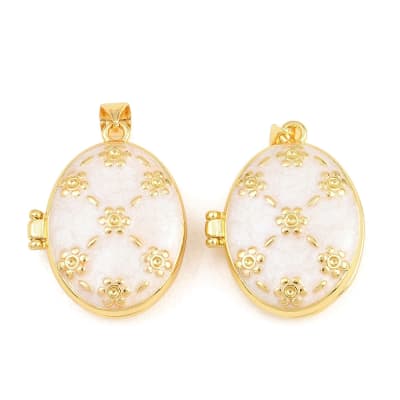 Relicario portafoto locket esmaltado ovalado flores baño oro / unidad