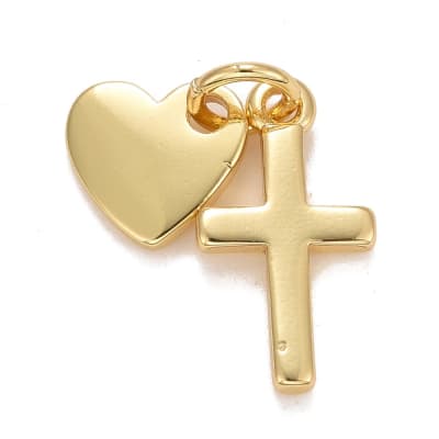 Dije colgante corazón cruz doble religioso baño oro / unidad