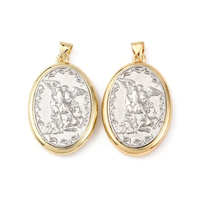 Dije colgante medalla San Miguel Arcángel 30.5 mm bicolor baño oro platino / unidad