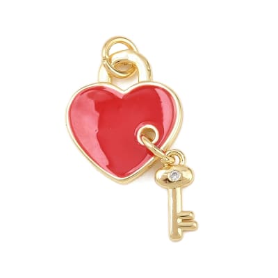 Dije esmaltado corazón rojo con llave amor 25x14 mm baño de oro / unidad