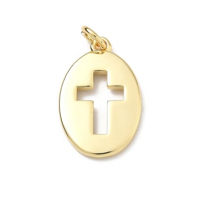 Dije colgante medalla ovalada cruz calada 20.5 mm baño oro / unidad
