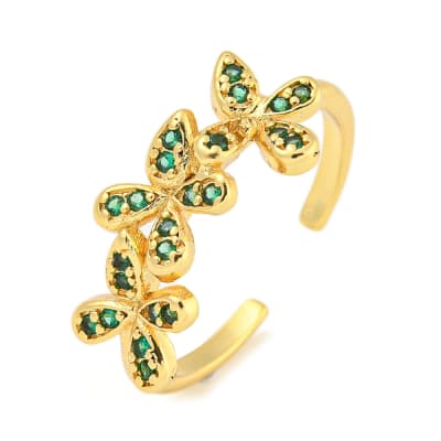 Anillo ajustable flores verdes 20.5 mm baño de oro zircón / unidad