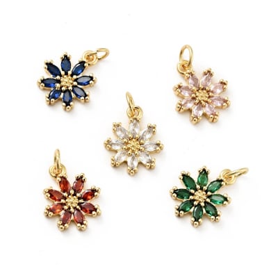 Dije colgante flor zircón 14.5 mm baño de oro / unidad