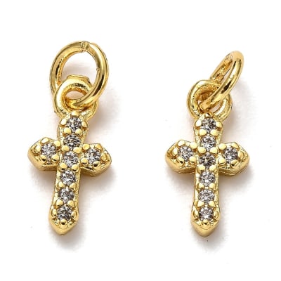 Dije colgante mini cruz 6x12 mm zircón baño de oro / unidad