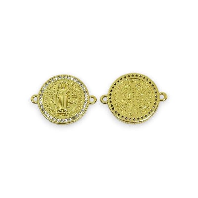 Dije conector San Benito 19 mm zircón baño oro / unidad