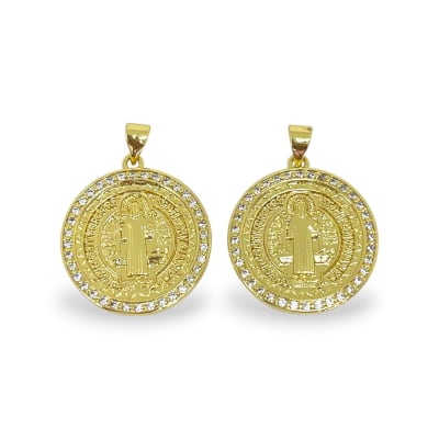 Dije colgante Medalla San Benito 22x25 mm zircón baño de oro / unidad