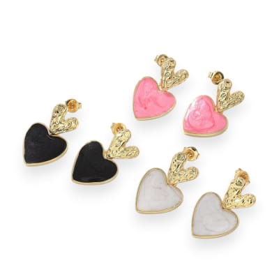 Aros topo topito doble corazón heart esmaltado 23 mm baño oro / par