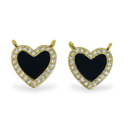 Dije conector corazón negro con zircón baño de oro / unidad