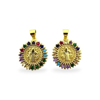 Dije colgante medalla san benito zircón 18 mm multicolor baño de oro / unidad