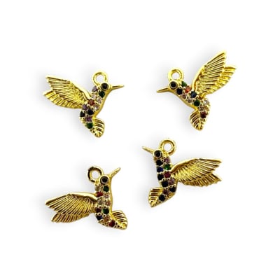 Dije colgante colibrí 13 mm zircón multicolor baño de oro / unidad