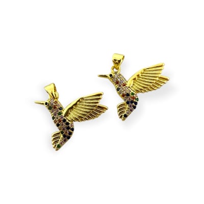 Dije colgante colibrí 25x20 mm zircón multicolor baño de oro / unidad