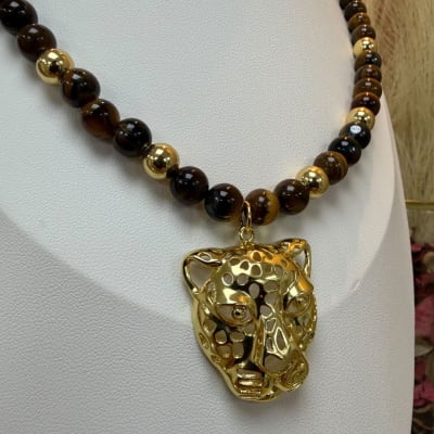 Collar piedra ojo de tigre maxi leopardo baño de oro / unidad