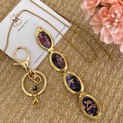 Collar y llavero con relicario cuatro fotos personalizado dorado / unidad