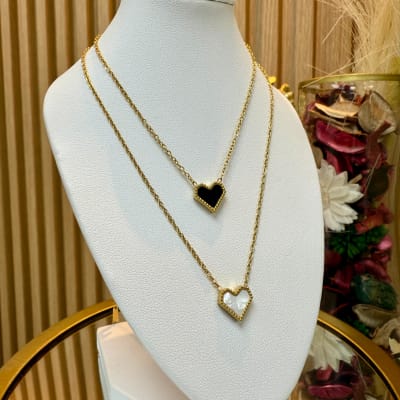 Collar dos en uno con corazón blanco negro acero dorado / unidad