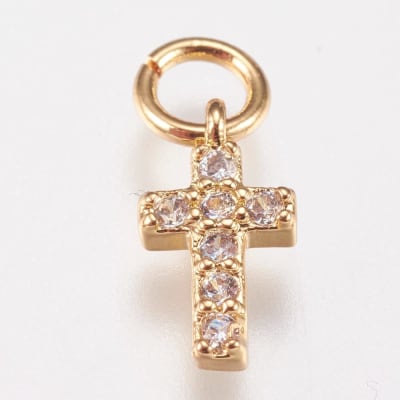 Dije colgante cruz zircón 9x5 mm baño de oro / unidad