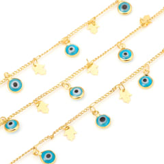Cadena con ojo turco nazar y hamsa colgantes baño de oro / metro 0