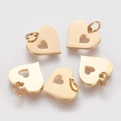 Dije colgante doble corazón acero dorado plateado / unidad 0