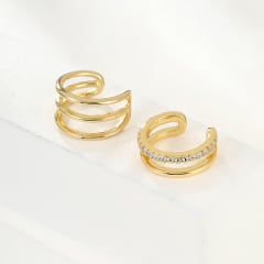 Pack 2 uds Ear cuff aros solitarios líneas zircón baño de oro / set 0