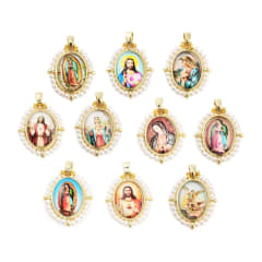 Dije colgante religioso esmaltado con perlas baño de oro / unidad 0