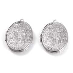 Relicario foto portafoto locket ovalado flores plateado / unidad 0