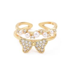 Anillo ajustable mariposa con perla baño de oro / unidad 0