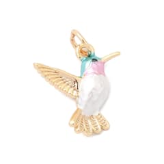 Dije colgante esmaltado ave colibrí picaflor 16 mm baño oro / unidad 0