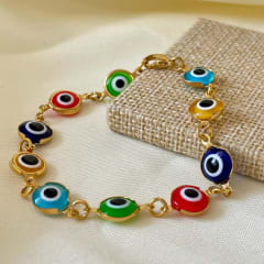 Pulsera protección con ojos turcos nazar grandes en acero dorado / unidad 0