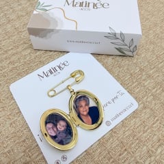 Broche Pin con relicario ovalado dos fotos personalizado dorado / unidad 0