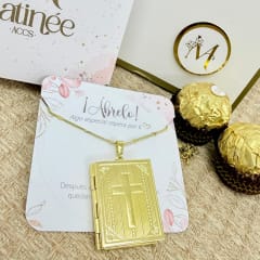 Collar con relicario libro biblia dos fotos personalizado dorado / unidad 0