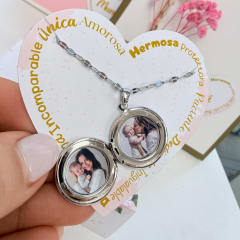 Collar con relicario redondo flor dos fotos personalizado para regalo plateado / unidad 0