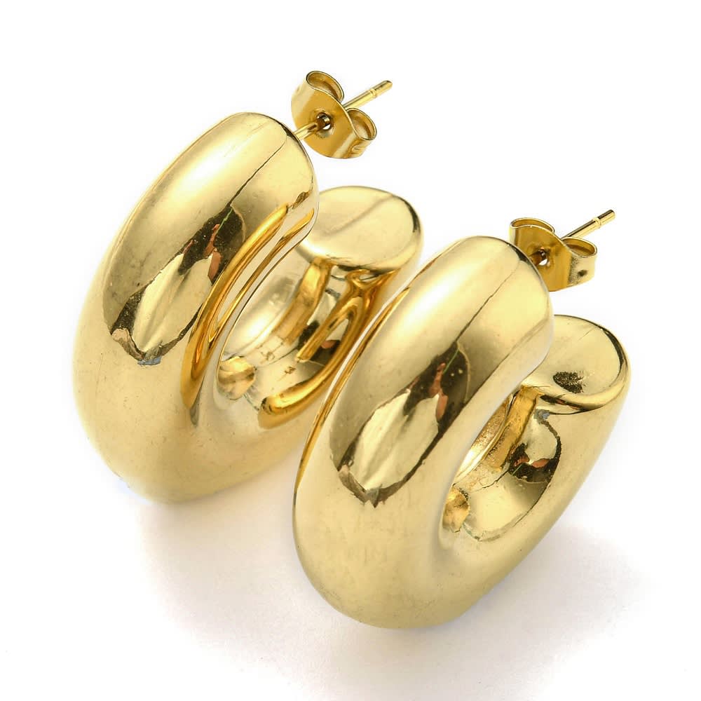 Aros media argollas aretes chunky tipo c liso acero baño de oro / par1