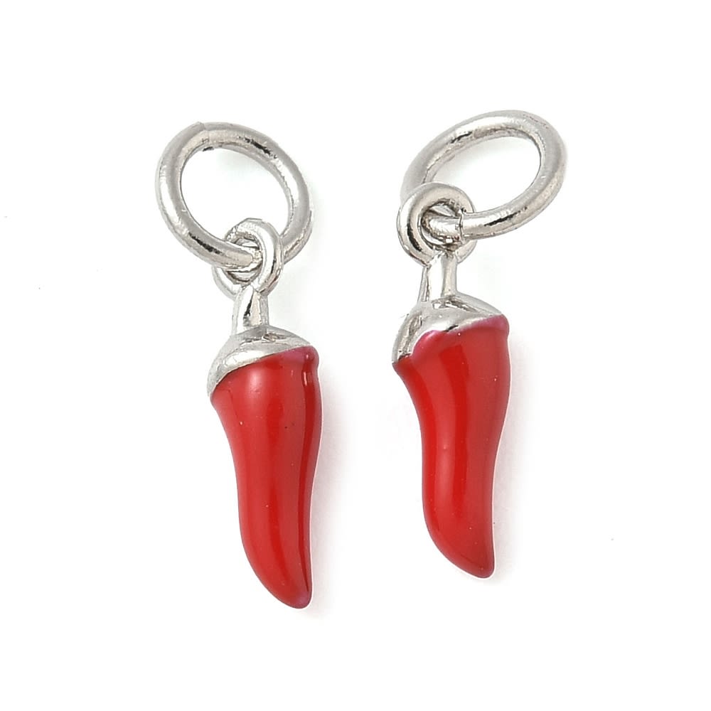 Dije colgante esmaltado mini ají rojo 11.5 mm baño platino / unidad1