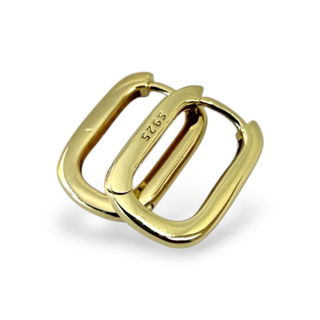 Aros argollas huggie rectangular 11x15 mm baño oro / par3