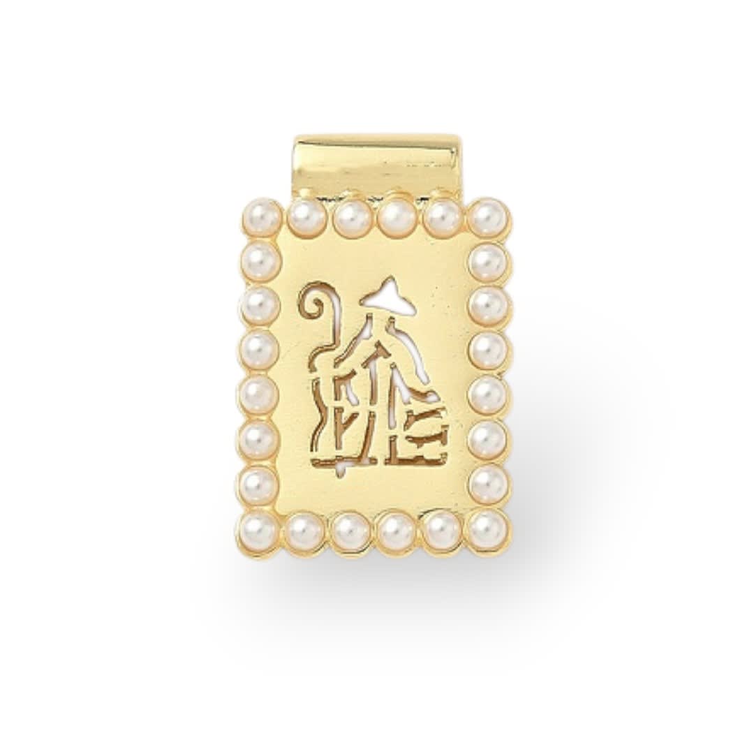Dije pasador escapulario religioso perla 23x15 mm baño oro / unidad9