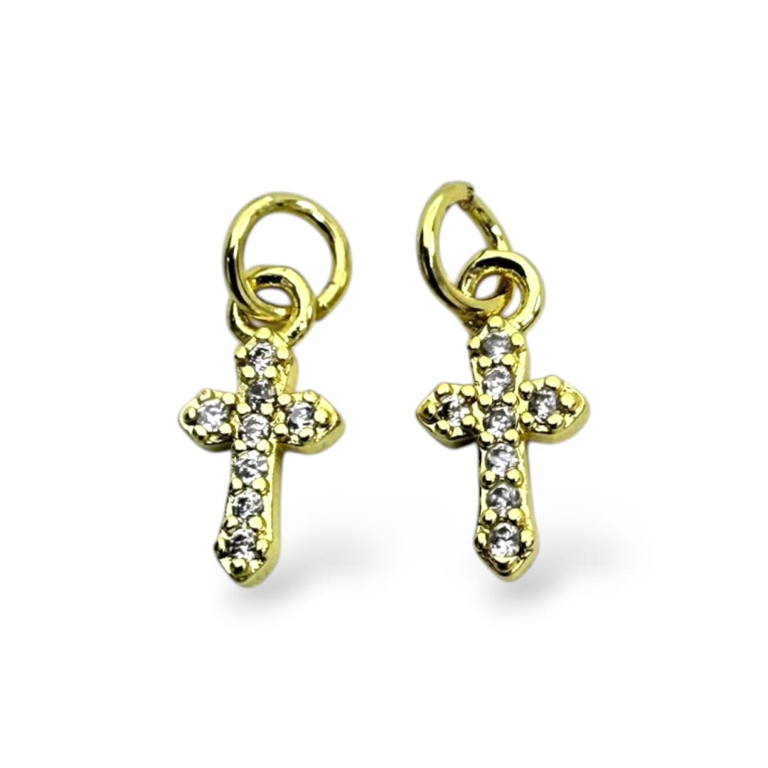 Dije colgante mini cruz 6x12 mm zircón baño de oro / unidad1